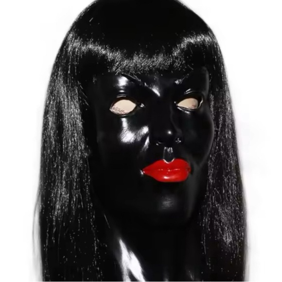 Sissy Crossdresser Black Latex mask BDSM Fetish with red Lipstick - Picture 6 of 6